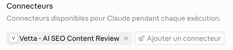 Connectors section of the routine with the Vetta - AI SEO Content Review connector selected