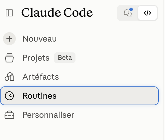 Claude Code left-hand menu with the Routines item selected